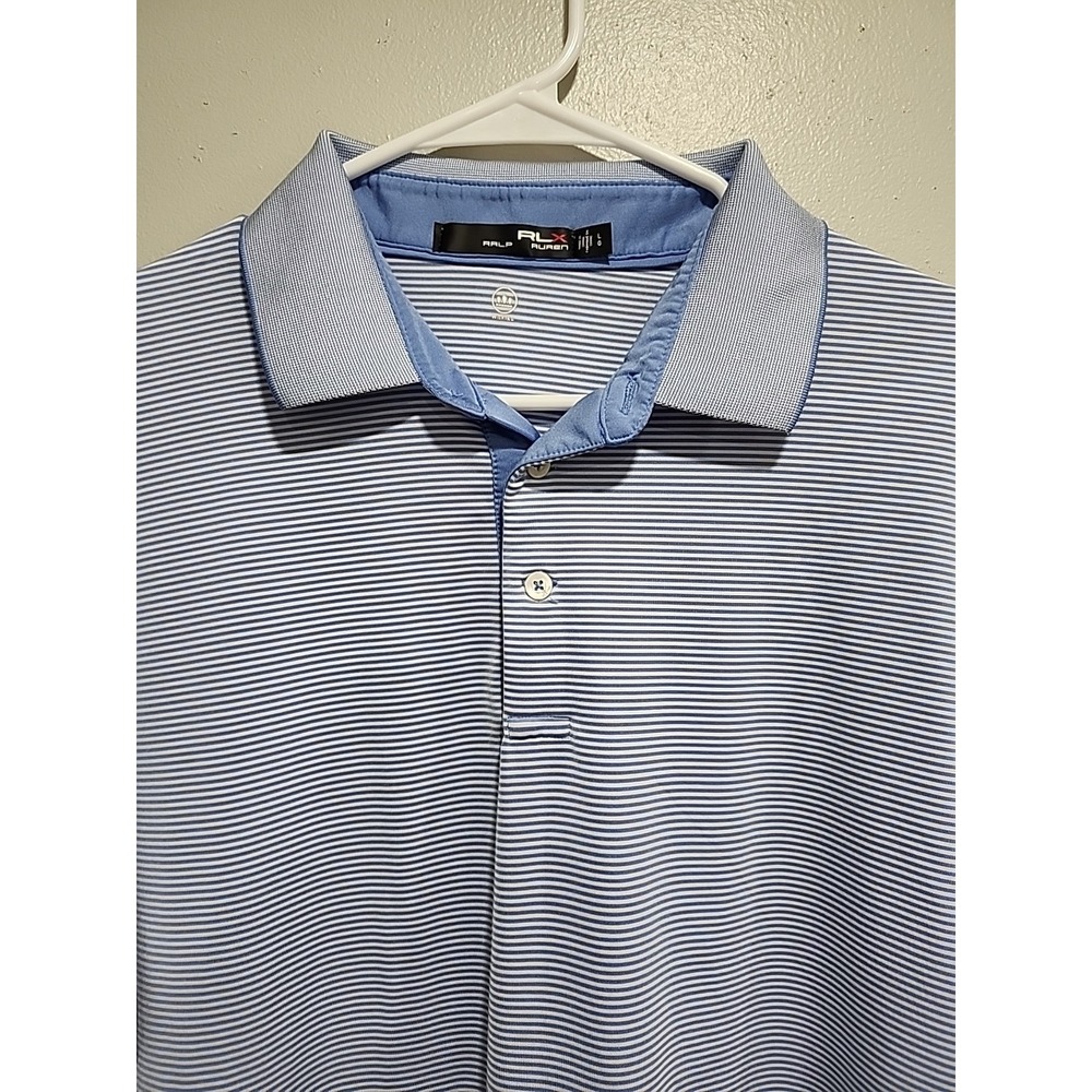 Ralph Lauren RLX Wicking Golf Polo, Mens L, Lt. Blue/White Striped Short Sleeve‎
